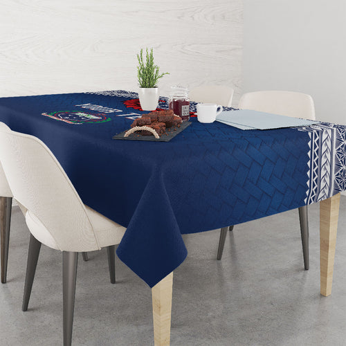 Manu Samoa Rugby Custom Navy Blue Tablecloth ʻIe Toga Pattern With Red Ula fala