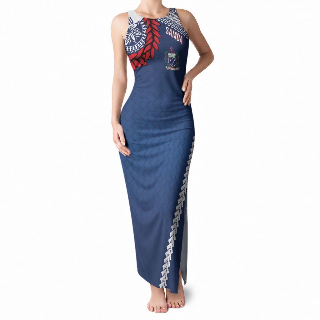 Manu Samoa Rugby Custom Navy Blue Tank Maxi Dress ʻIe Toga Pattern With Red Ula fala