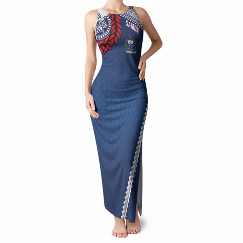 Manu Samoa Rugby Custom Navy Blue Tank Maxi Dress ʻIe Toga Pattern With Red Ula fala