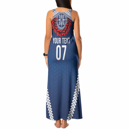 Manu Samoa Rugby Custom Navy Blue Tank Maxi Dress ʻIe Toga Pattern With Red Ula fala