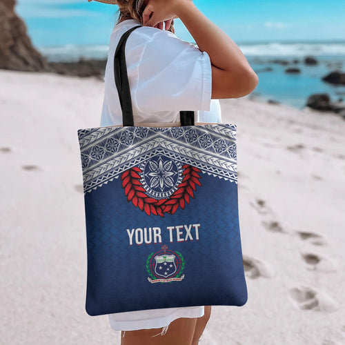 Manu Samoa Rugby Custom Navy Blue Tote Bag ʻIe Toga Pattern With Red Ula fala