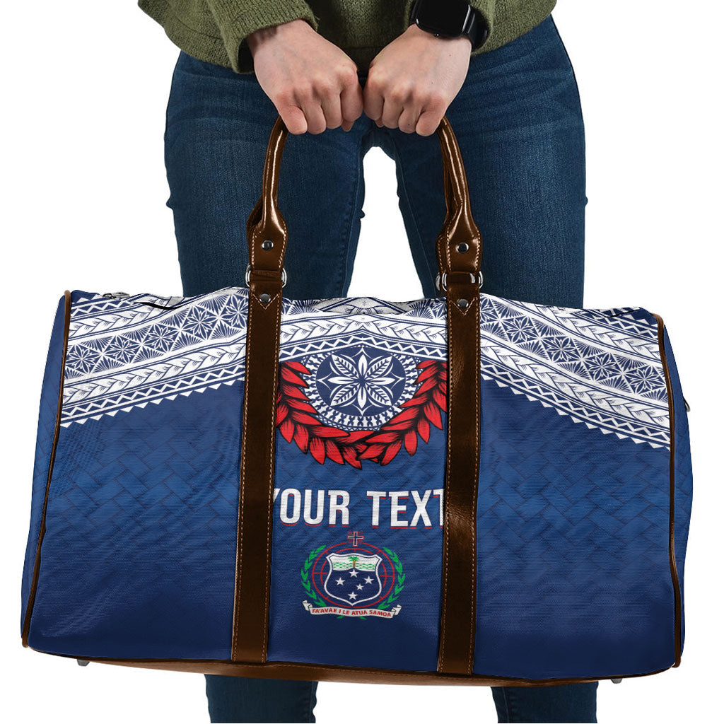 Manu Samoa Rugby Custom Navy Blue Travel Bag ʻIe Toga Pattern With Red Ula fala