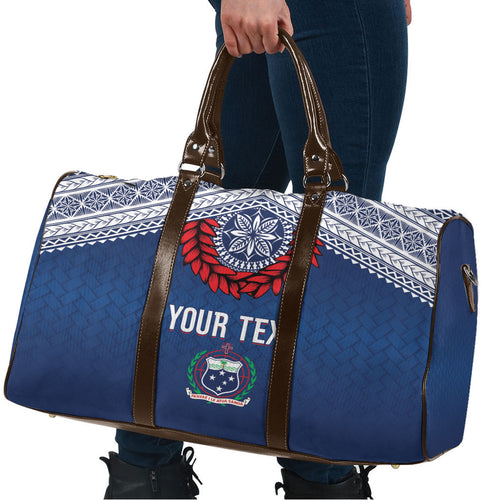 Manu Samoa Rugby Custom Navy Blue Travel Bag ʻIe Toga Pattern With Red Ula fala