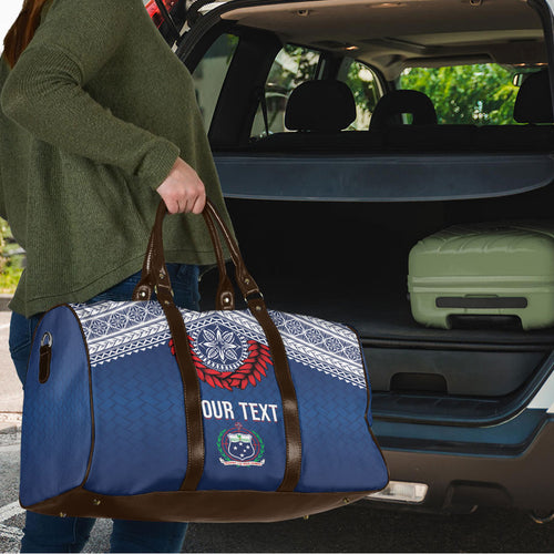 Manu Samoa Rugby Custom Navy Blue Travel Bag ʻIe Toga Pattern With Red Ula fala