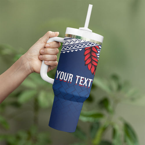 Manu Samoa Rugby Custom Navy Blue Tumbler With Handle ʻIe Toga Pattern With Red Ula fala
