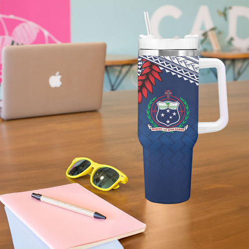 Manu Samoa Rugby Custom Navy Blue Tumbler With Handle ʻIe Toga Pattern With Red Ula fala