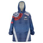 Manu Samoa Rugby Custom Navy Blue Wearable Blanket Hoodie ʻIe Toga Pattern With Red Ula fala