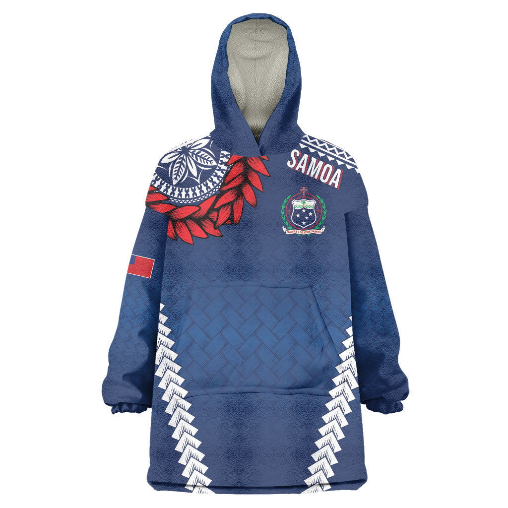 Manu Samoa Rugby Custom Navy Blue Wearable Blanket Hoodie ʻIe Toga Pattern With Red Ula fala