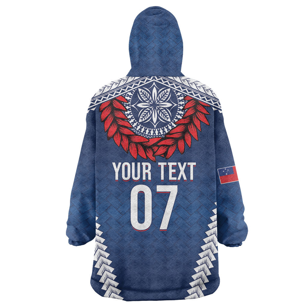 Manu Samoa Rugby Custom Navy Blue Wearable Blanket Hoodie ʻIe Toga Pattern With Red Ula fala