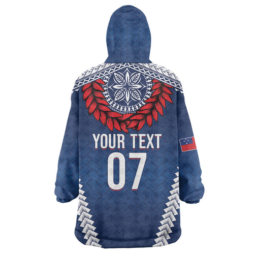 Manu Samoa Rugby Custom Navy Blue Wearable Blanket Hoodie ʻIe Toga Pattern With Red Ula fala