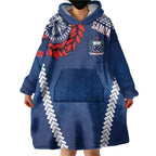 Manu Samoa Rugby Custom Navy Blue Wearable Blanket Hoodie ʻIe Toga Pattern With Red Ula fala