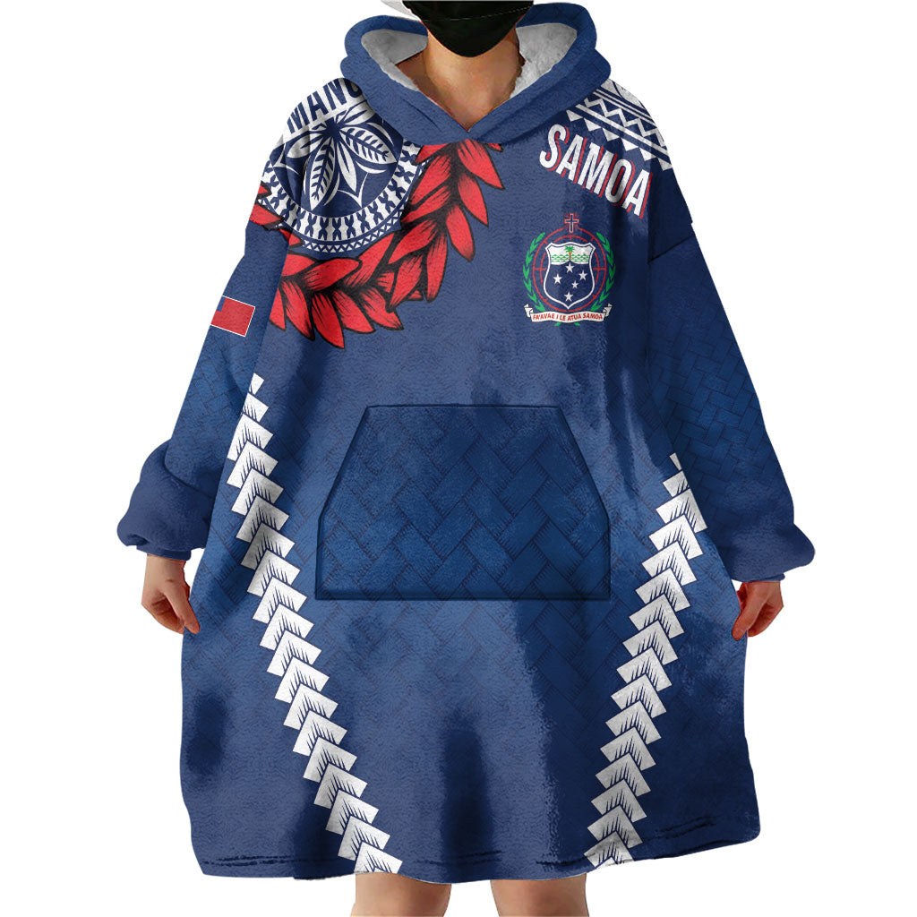 Manu Samoa Rugby Custom Navy Blue Wearable Blanket Hoodie ʻIe Toga Pattern With Red Ula fala