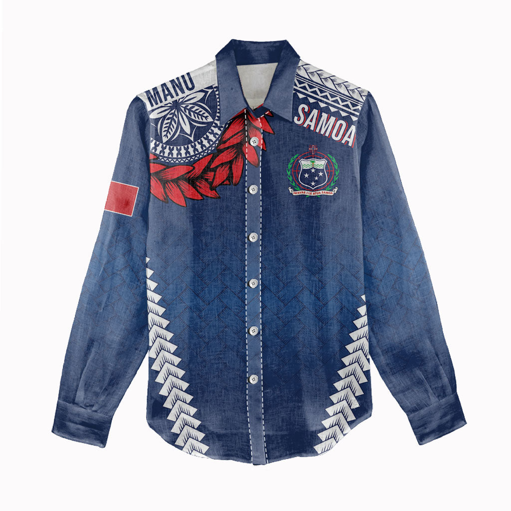 Manu Samoa Rugby Custom Navy Blue Women Casual Shirt ʻIe Toga Pattern With Red Ula fala