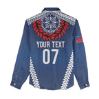 Manu Samoa Rugby Custom Navy Blue Women Casual Shirt ʻIe Toga Pattern With Red Ula fala
