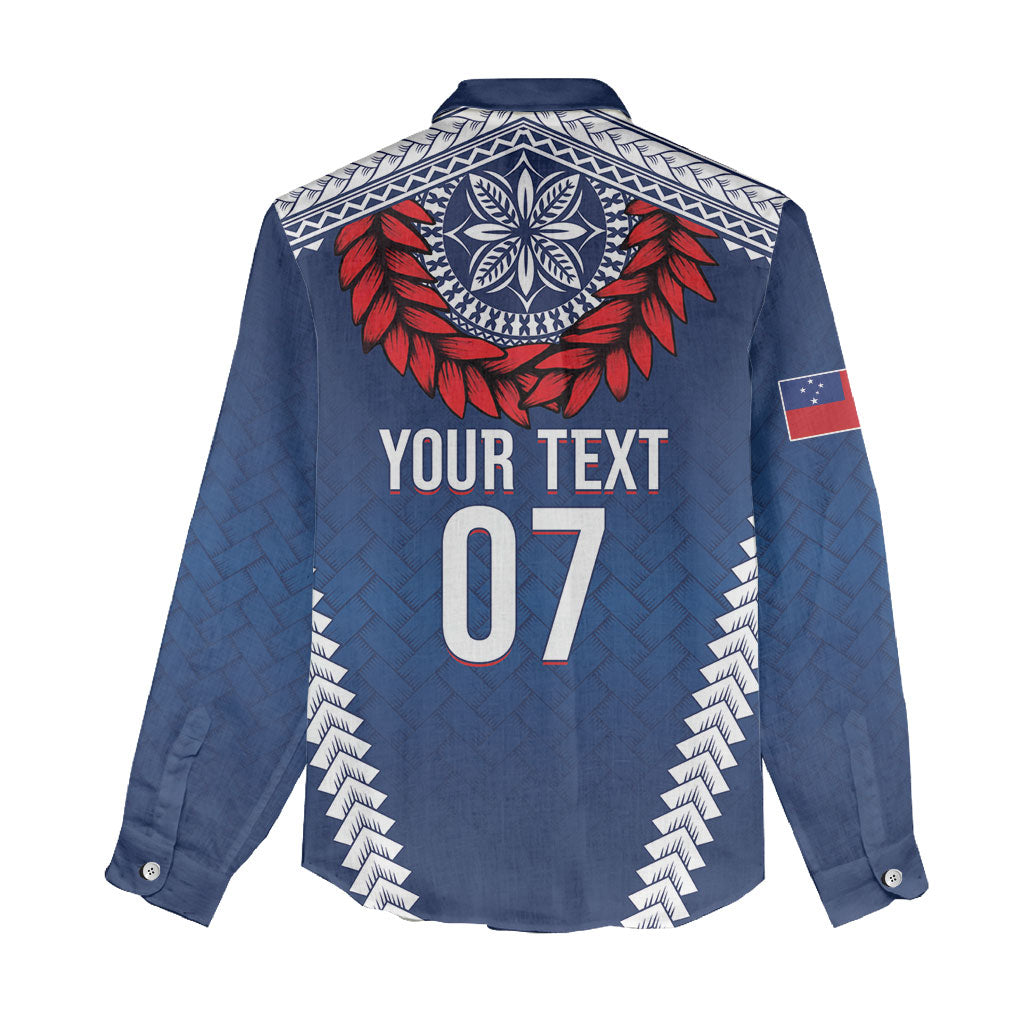 Manu Samoa Rugby Custom Navy Blue Women Casual Shirt ʻIe Toga Pattern With Red Ula fala