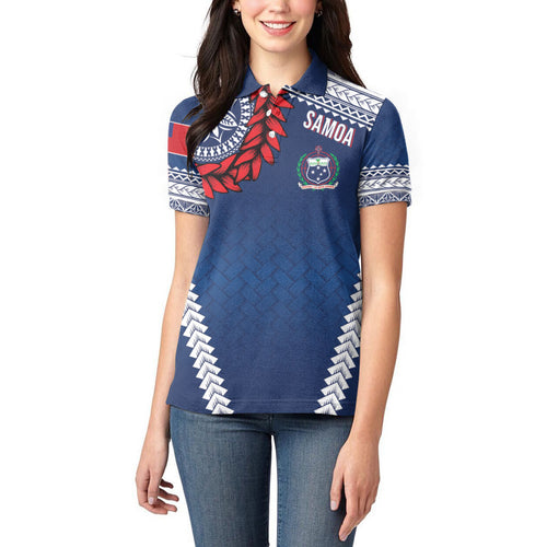 Manu Samoa Rugby Custom Navy Blue Women Polo Shirt ʻIe Toga Pattern With Red Ula fala