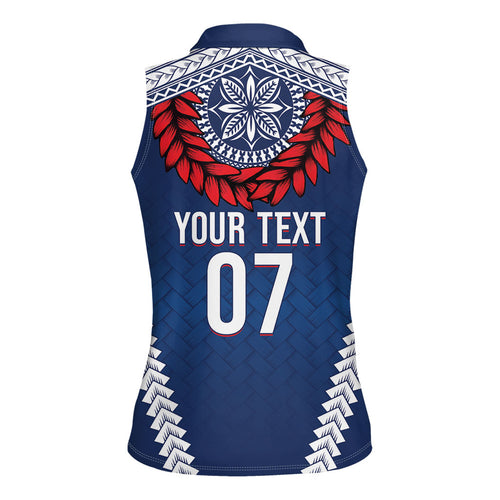 Manu Samoa Rugby Custom Navy Blue Women Sleeveless Polo Shirt ʻIe Toga Pattern With Red Ula fala