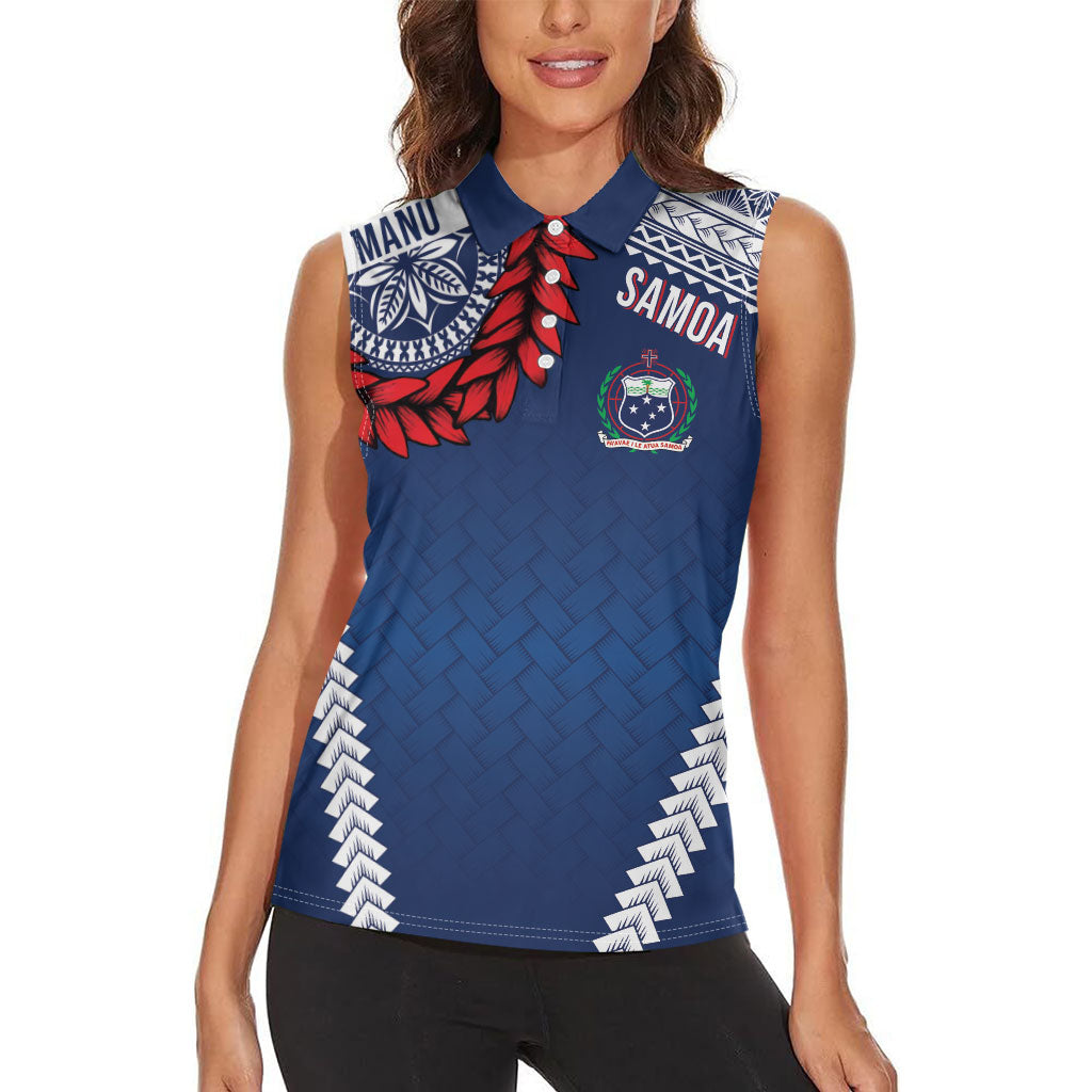 Manu Samoa Rugby Custom Navy Blue Women Sleeveless Polo Shirt ʻIe Toga Pattern With Red Ula fala