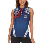 Manu Samoa Rugby Custom Navy Blue Women Sleeveless Polo Shirt ʻIe Toga Pattern With Red Ula fala