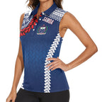 Manu Samoa Rugby Custom Navy Blue Women Sleeveless Polo Shirt ʻIe Toga Pattern With Red Ula fala