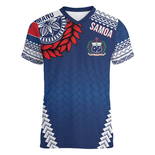 Manu Samoa Rugby Custom Navy Blue Women V-Neck T-Shirt ʻIe Toga Pattern With Red Ula fala
