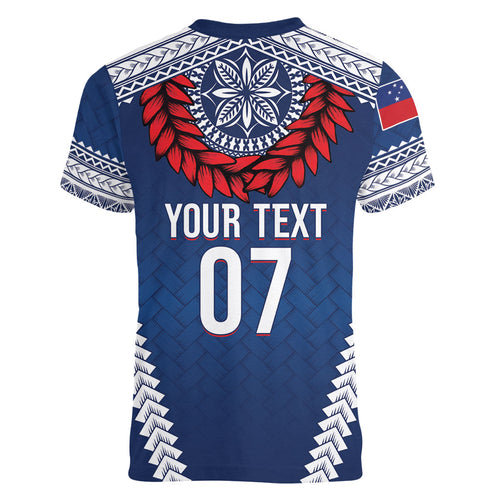 Manu Samoa Rugby Custom Navy Blue Women V-Neck T-Shirt ʻIe Toga Pattern With Red Ula fala