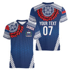 Manu Samoa Rugby Custom Navy Blue Women V-Neck T-Shirt ʻIe Toga Pattern With Red Ula fala