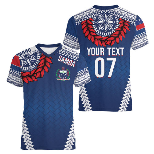 Manu Samoa Rugby Custom Navy Blue Women V-Neck T-Shirt ʻIe Toga Pattern With Red Ula fala