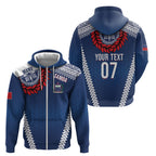 Manu Samoa Rugby Custom Navy Blue Zip Hoodie ʻIe Toga Pattern With Red Ula fala