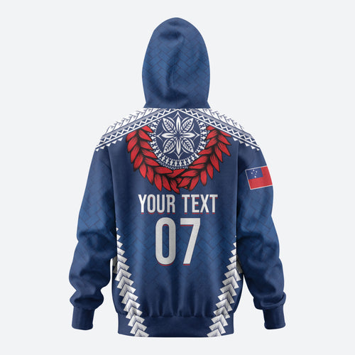 Manu Samoa Rugby Custom Navy Blue Zip Hoodie ʻIe Toga Pattern With Red Ula fala