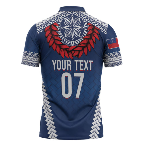 Manu Samoa Rugby Custom Navy Blue Zipper Polo Shirt ʻIe Toga Pattern With Red Ula fala