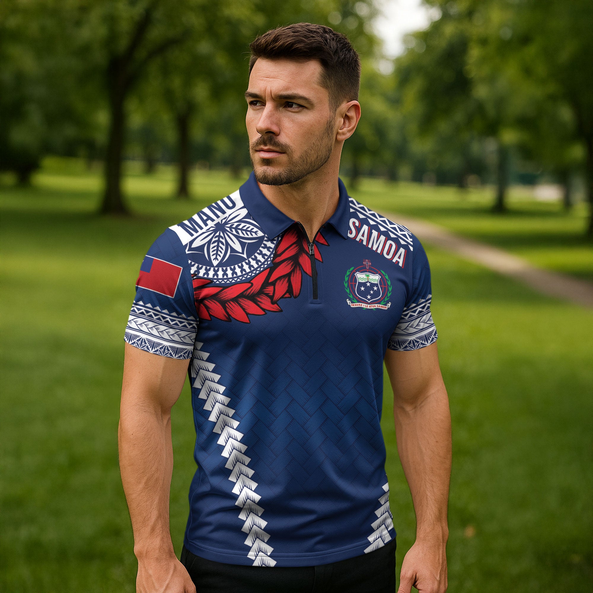 Manu Samoa Rugby Custom Navy Blue Zipper Polo Shirt ʻIe Toga Pattern With Red Ula fala