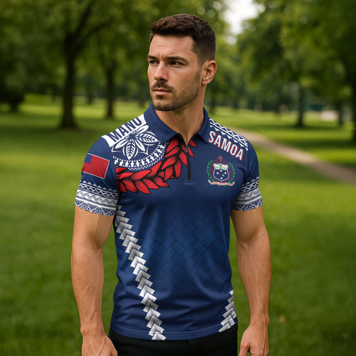 Manu Samoa Rugby Custom Navy Blue Zipper Polo Shirt ʻIe Toga Pattern With Red Ula fala