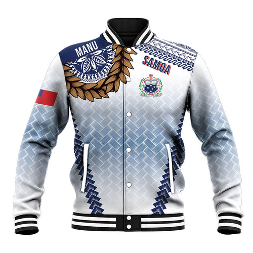 Manu Samoa Rugby Custom White Baseball Jacket ʻIe Toga Pattern With Brown Ula fala