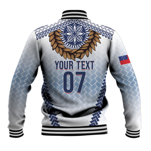 Manu Samoa Rugby Custom White Baseball Jacket ʻIe Toga Pattern With Brown Ula fala