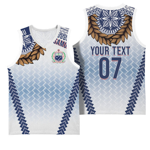 Manu Samoa Rugby Custom White Basketball Jersey ʻIe Toga Pattern With Brown Ula fala