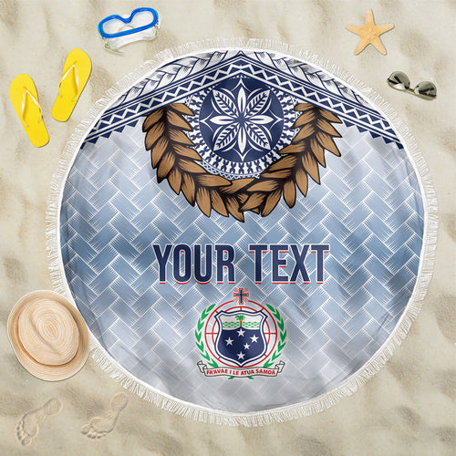 Manu Samoa Rugby Custom White Beach Blanket ʻIe Toga Pattern With Brown Ula fala