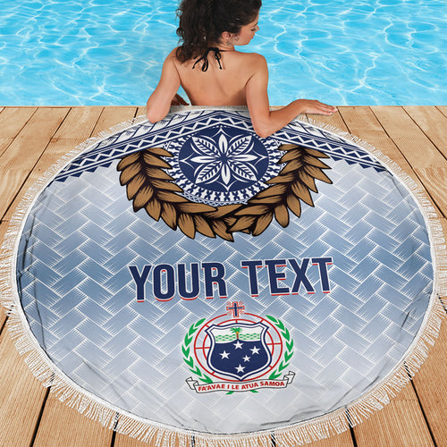 Manu Samoa Rugby Custom White Beach Blanket ʻIe Toga Pattern With Brown Ula fala