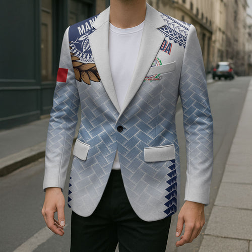 Manu Samoa Rugby Custom White Blazer ʻIe Toga Pattern With Brown Ula fala