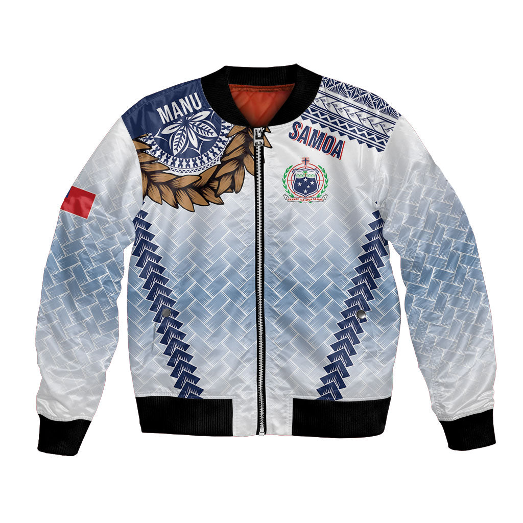 Manu Samoa Rugby Custom White Bomber Jacket ʻIe Toga Pattern With Brown Ula fala
