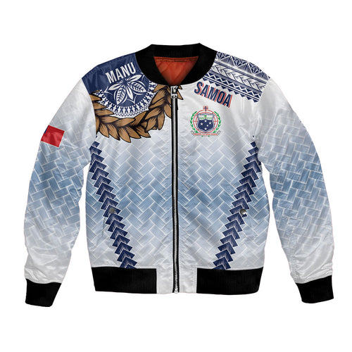 Manu Samoa Rugby Custom White Bomber Jacket ʻIe Toga Pattern With Brown Ula fala
