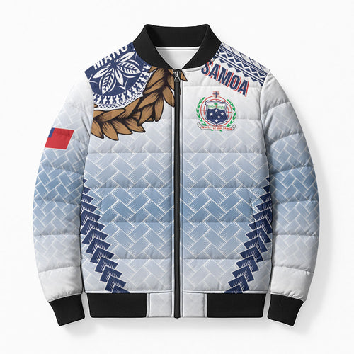 Manu Samoa Rugby Custom White Bomber Puffer Jacket ʻIe Toga Pattern With Brown Ula fala