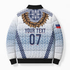 Manu Samoa Rugby Custom White Bomber Puffer Jacket ʻIe Toga Pattern With Brown Ula fala
