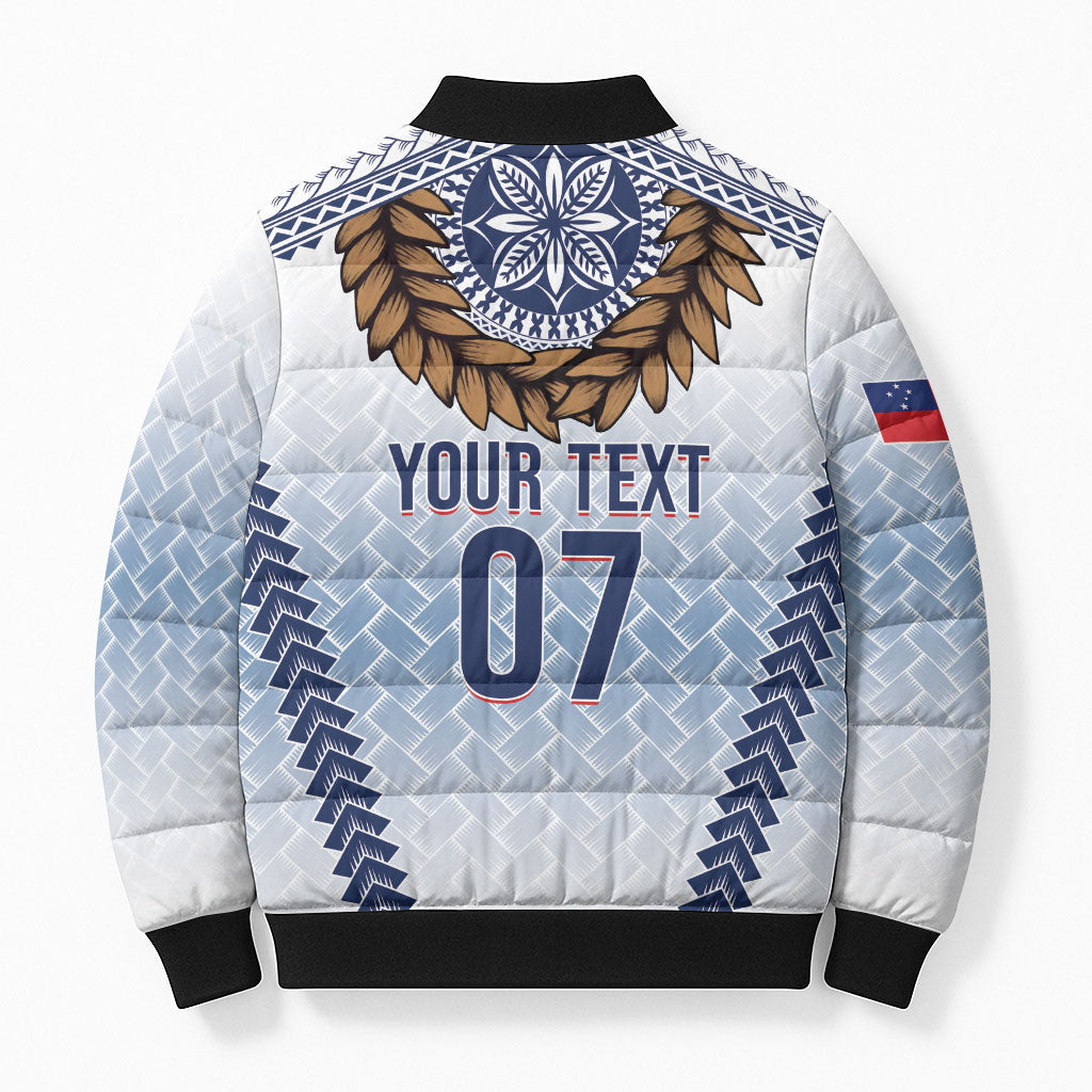 Manu Samoa Rugby Custom White Bomber Puffer Jacket ʻIe Toga Pattern With Brown Ula fala