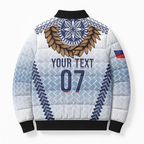 Manu Samoa Rugby Custom White Bomber Puffer Jacket ʻIe Toga Pattern With Brown Ula fala