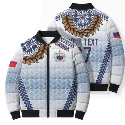 Manu Samoa Rugby Custom White Bomber Puffer Jacket ʻIe Toga Pattern With Brown Ula fala
