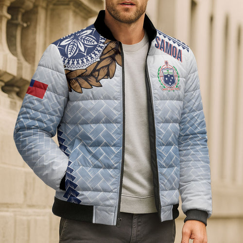Manu Samoa Rugby Custom White Bomber Puffer Jacket ʻIe Toga Pattern With Brown Ula fala