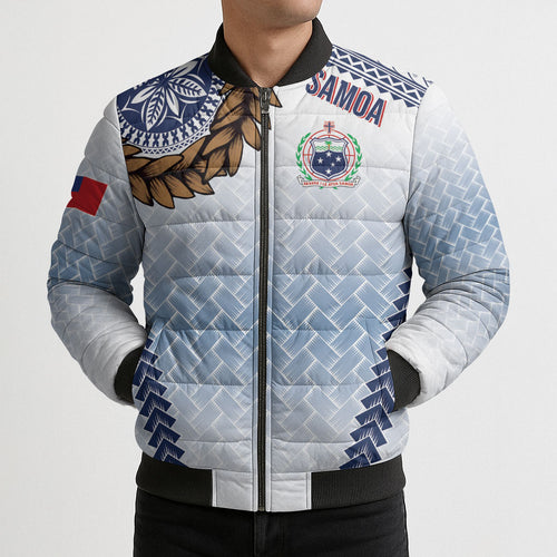 Manu Samoa Rugby Custom White Bomber Puffer Jacket ʻIe Toga Pattern With Brown Ula fala