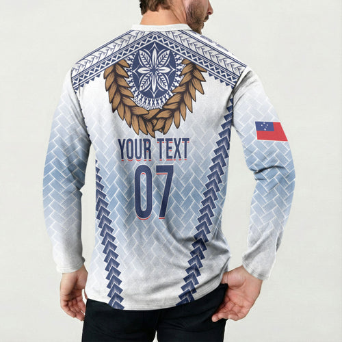 Manu Samoa Rugby Custom White Button Sweatshirt ʻIe Toga Pattern With Brown Ula fala