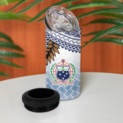 Manu Samoa Rugby Custom White 4 in 1 Can Cooler Tumbler ʻIe Toga Pattern With Brown Ula fala